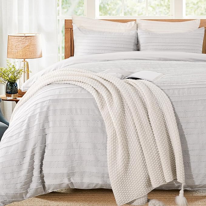 NEXHOME PRO California King Duvet Cover, Light Grey 3 Pieces Boho Tufted Duvet Cover Set, Soft and Lightweight Microfiber Comforter Cover Set (Light Grey Cal King, 104 x 98)-No Comforter