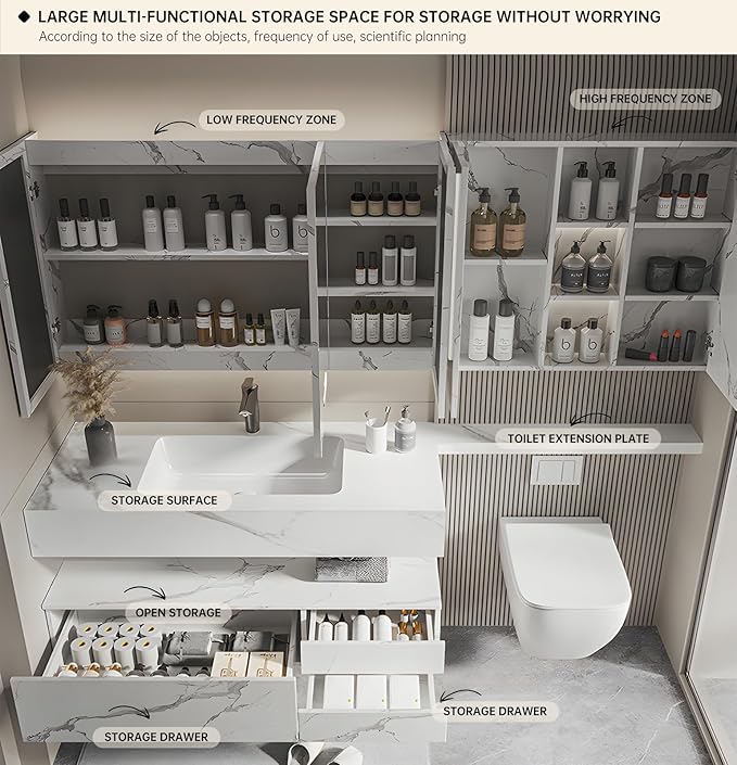 Floating Bathroom Vanity with Sink, Solid Wood Bathroom Vanity Set, Smart Defogging Mirror & Induction Side Cabinet & Large Storage - Elegant Bathroom Vanities (White,80IN)