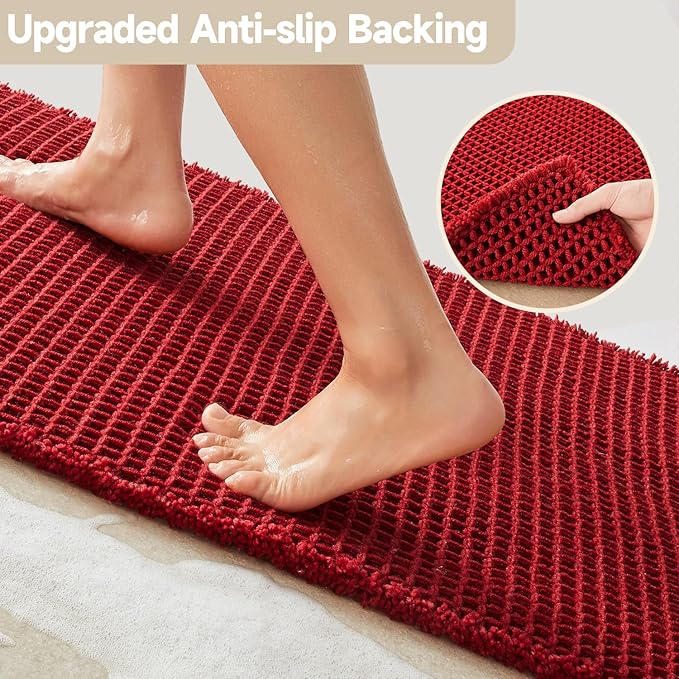 Waffle Bath Mat, Boho Bathroom Rugs Non Slip Washable Super Absorbent Quick Dry Bath Mat Farmhouse Bathroom Decor, 30"x20" Burgundy