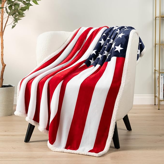 Pavilia Patriotic Blanket - American Flag Throw Blanket for Sofa Couch Bed, Soft Microfiber Sherpa Fleece Reversible, USA Military Veteran July 4th Gift - 50 x 60 Inches