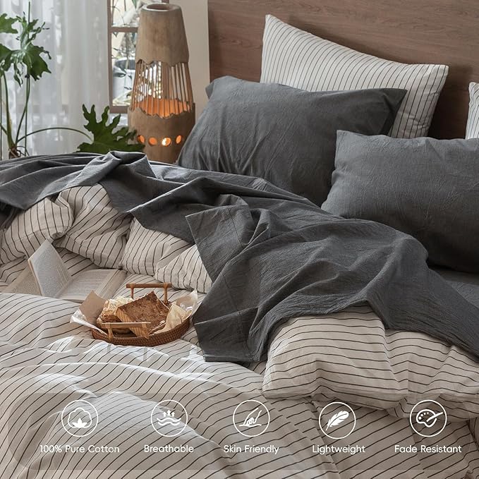MooMee Bedding Sheet Set 100% Washed Cotton Linen Like Textured Breathable Durable Soft Comfy (Heathered Dark Grey, Split King)