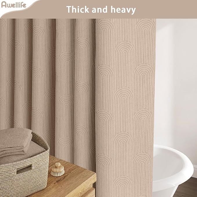 Awellife Boho Shower Curtains for Bathroom Cotton Fabric Touch Beige Bohemian Mid Century Minimalist Arch 72" L X 72" W
