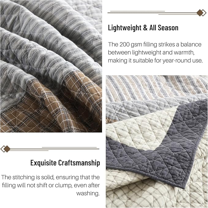 Real-Patchwork Plaid King Quilt - 100% Cotton Farmhouse Beige Brown Gray King Size Quilts Bedspread, Lightweight Reversible Quilted Coverlet Bedding Set for All Season, 3-Piece(98"x106")