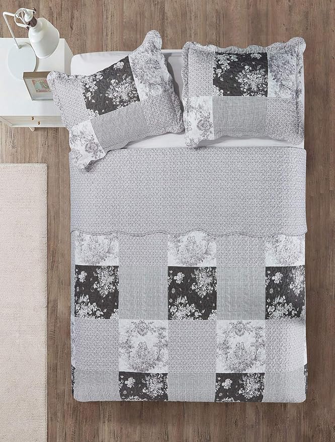 Brilliant Sunshine Grey Toile Floral Patchwork, 3-Piece Quilt Set with 2 Shams, Reversible Bedspread, Soft Lightweight Coverlet, All-Season, Full/Queen, Grey