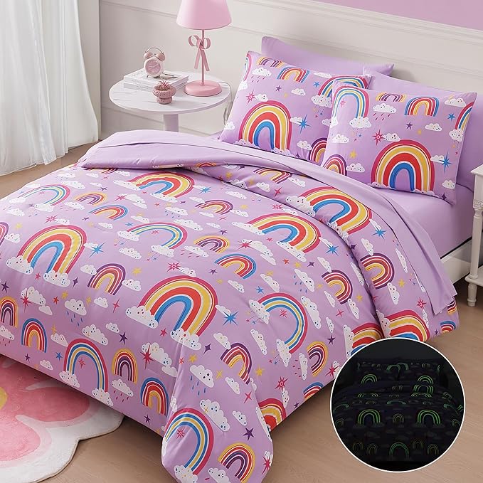 Twin Comforter Set for Girls-5 Pieces Purple Rainbow Glow in The Dark Twin Bedding Sets for Kids, Ultra Soft Bed in A Bag with Sheets