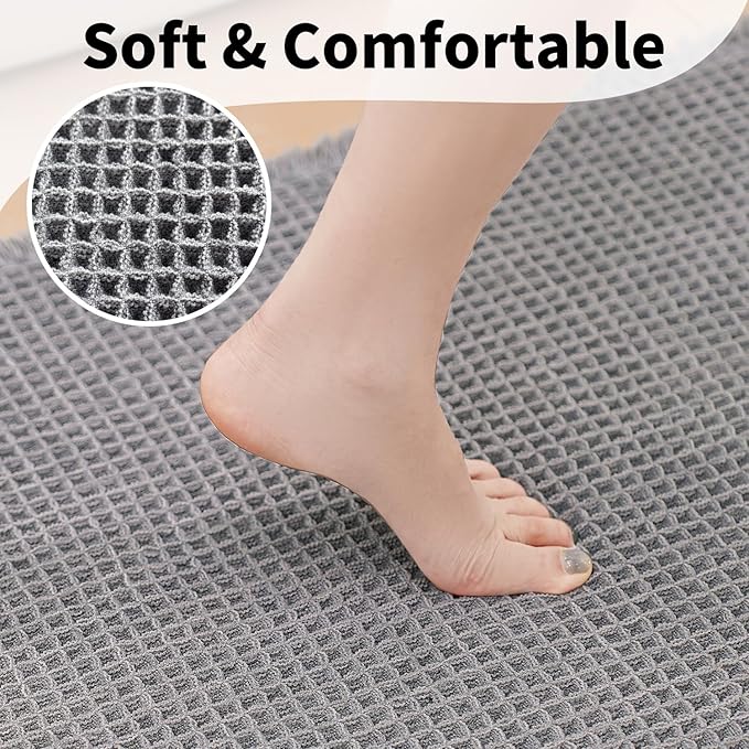 Waffle Bath Mat - Boho Bathroom Rugs Non Slip Washable, Super Absorbent & Quick Dry, Soft Bath Mat Farmhouse Bathroom Decor, 20'' x 32'', Light Grey