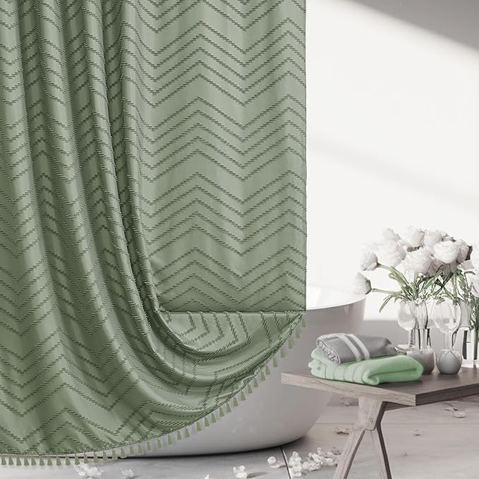 Boho Extra Long Sage Green Shower Curtain with Tassel, Woven Fabric, Tufted Chevron Striped, 72 x 78, Modern Chic Textured Minimalist