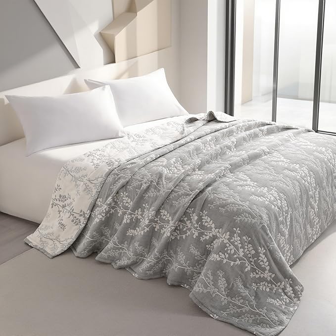 NTBAY 3 Layers Cotton Muslin 68x92 Twin Bed Blanket, Super Soft Breathable Thermal Yarn Dyed Quilt for Adults, Perfect Lightweight Blanket for Couch Sofa Bed All Seasons, Grey Tree