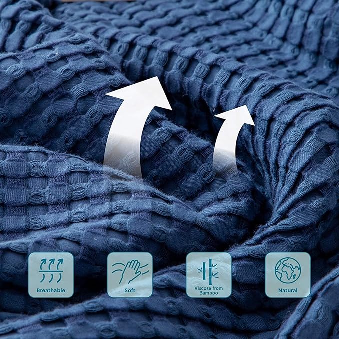 Bedsure Cooling Cotton Waffle Queen Size Blanket - Lightweight Breathable Summer Blanket of Rayon Derived from Bamboo for Hot Sleepers, Luxury Throws for Bed, Couch and Sofa, Navy, 90x90 Inches