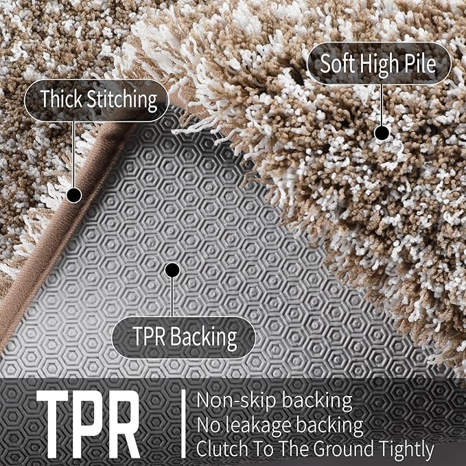 Yimobra Fluffy Plush Bath Rug, Shaggy Soft Comfortable Non Slip, Water Absorbent Microfiber Bath Mat, Dry Quick, Machine Washable Thick Bathroom Floor Rugs for Shower, 44"x 24", Light Brown and White
