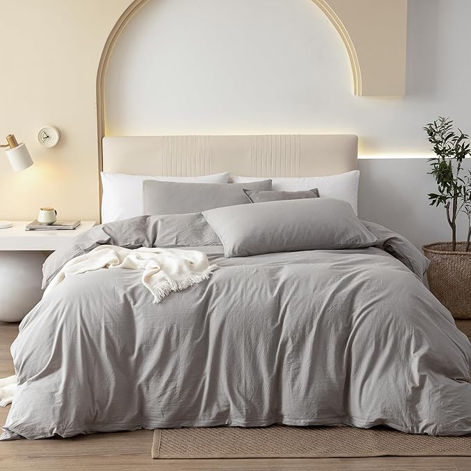JIYUAN 100% Washed Cotton Duvet Cover Set 3 Pieces King, 1 Duvet Cover 104x90 Inches(Comforter Not Included) and 2 Pillowcases,Linen Feel Bedding Set Comfy and Breathable, Heathered Pastel Grey