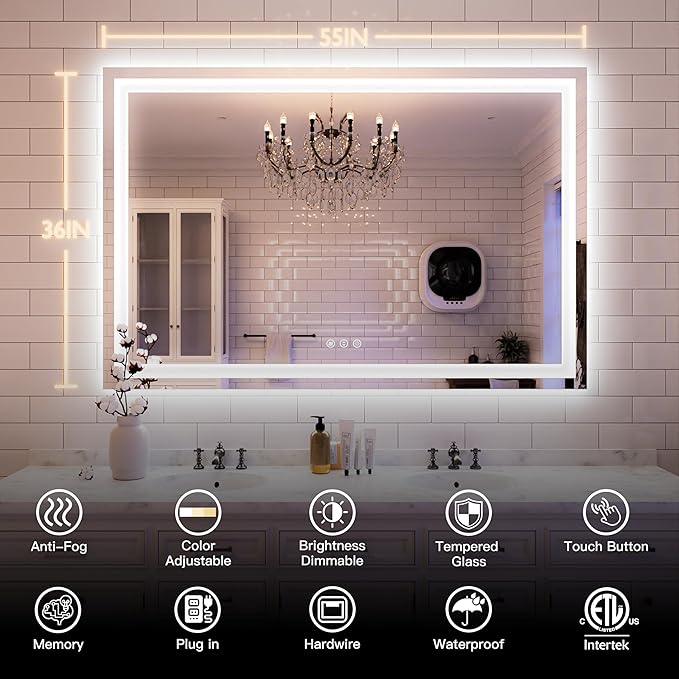 ISKM 55'' x 36'' LED Mirror for Bathroom Lighted Vanity Mirror for Wall Front Lights + Backlit LED Bathroom Mirror Anti-Fog Tempered Glass ETL Listed