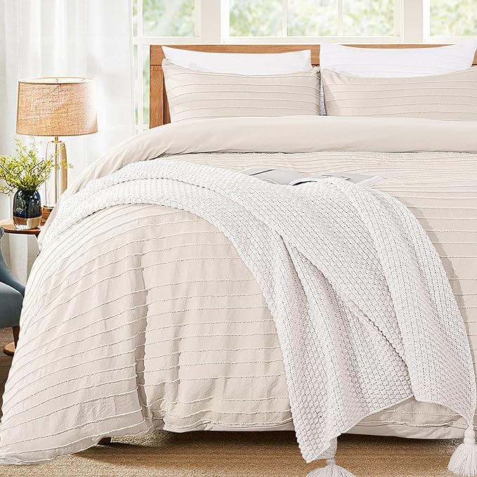 NEXHOME PRO Duvet Cover King Size, Light Khaki 3 Pieces Boho Tufted Duvet Cover Set, Soft and Lightweight Microfiber Comforter Cover Set for All Season (Light Khaki King, 104 x 90)-No Comforter