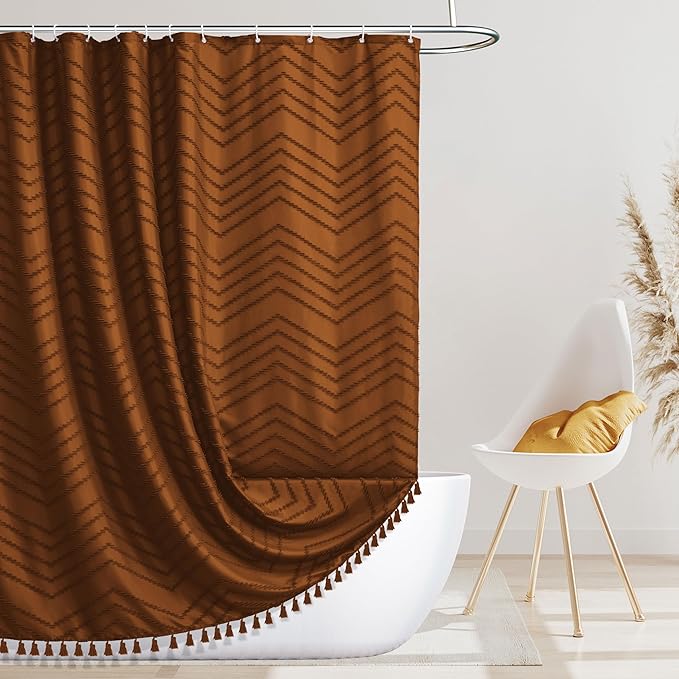 Extra Long Pumpkin Orange Boho Shower Curtain With Tassel, Woven Fabric 84 in, Tufted Chevron Striped, 72 x 84, Modern Chic Textured Minimalist Bathroom
