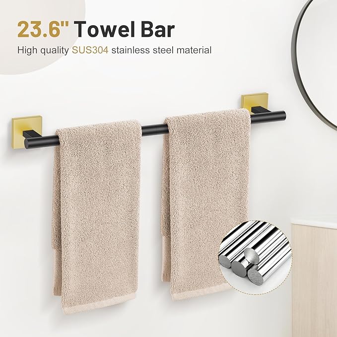 5-Piece Black Gold Bathroom Hardware Set, SUS304 Stainless Steel Bathroom Accessories Set 23.6 inches Towel Bar, Toilet Paper Holder with Shelf, Towel Ring and Two Towel Hooks Wall-Mounted