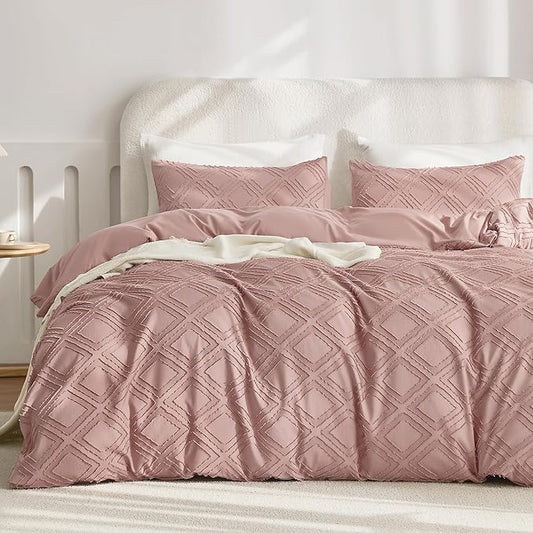 JELLYMONI Duvet Cover King Size Smokey Pink - 3PCS Boho Duvet Cover Set Plaid Polyester Tufted Bohemian Jacquard Knit Textured Comforter Cover 104×90in Rhombic Geometric Pattern Zipper Corner Tie