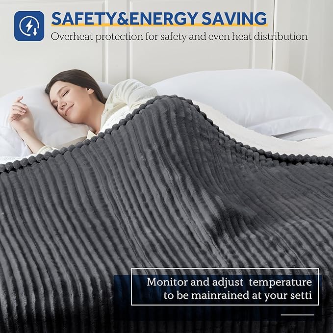 SEALY Electric Blanket Twin Size, Soft Ribbed Flannel to Sherpa Reversible Heated Blanket with 10 Heat Settings & 1 to 12 Hours Auto-Off Overheat Protection Machine Washable, 62"x84" Charcoal