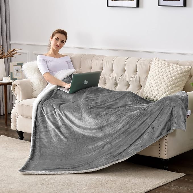SOCHOW Sherpa Fleece Throw Blanket, Double-Sided Super Soft Luxurious Plush Blanket Queen Size 90 inchx90 inch, Grey