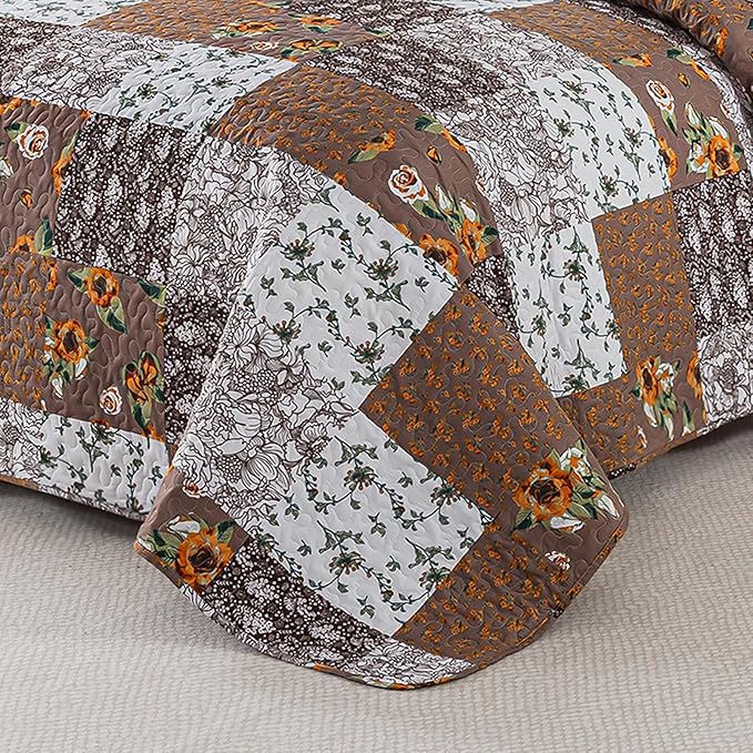 BEDIFANY Cotton Filling Queen Quilt Set - Reversible Farmhouse Bedspreads Queen Size with 2 Pillow Shams - Lightweight Queen Size Quilt Bedding Sets, 3 Pieces (90 x 98 inch)
