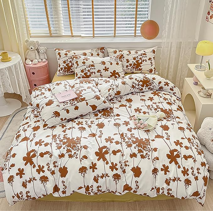 KAREVER Botanical Comforter Set Cal King White Pumpkin Floral Plant Bedding Comforter Girls Blanket Rustic Leaf Blossom Women White Farmhouse Comforter California King