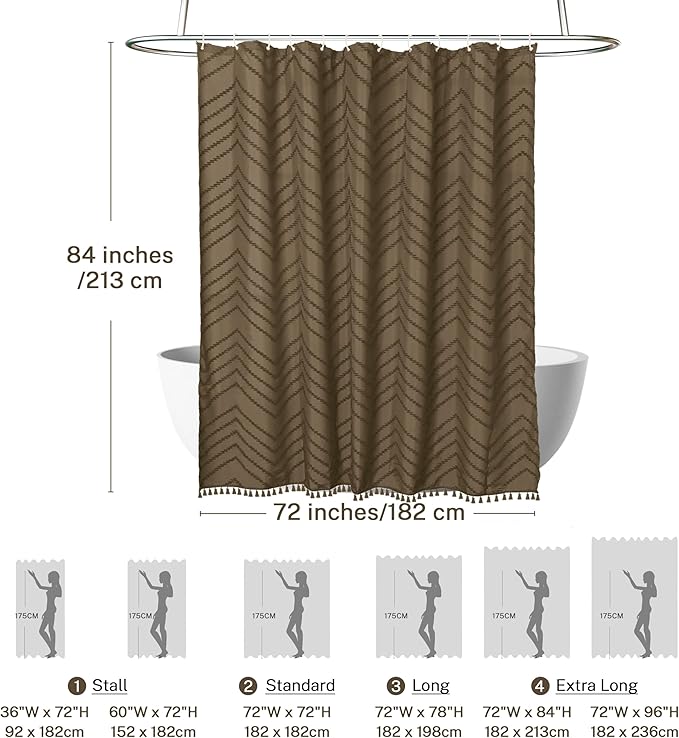 Extra Long Boho Shower Curtain, Woven Fabric 84 in Khaki, 72 x 84, Tufted Chevron Striped Modern Chic Textured Minimalist Bathroom Shower Curtain