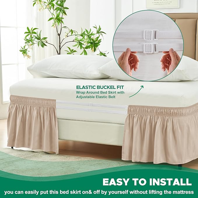 Biscaynebay Wrap Around Bed Skirts for King & Cal King Beds 19" Long Drop, Sand Adjustable Elastic Dust Ruffles Easy Fit Wrinkle Resistant Silky Luxurious Fabric Machine Washable