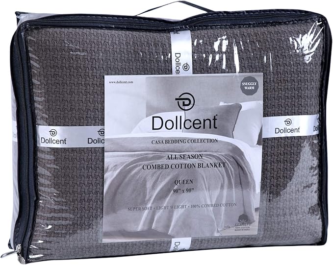 DOLLCENT 100% Cotton Queen Size Blanket for Bed, Premium Soft Combed Lightweight Blankets, Washed Breathable Cozy Bed Throw Blanket, Grey Queen Cotton Blankets for All Season: Grey (90"x90")