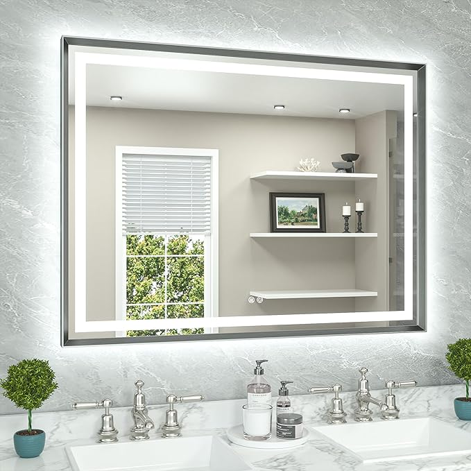 TETOTE 48 x 36 Bathroom LED Mirror Brushed Gunmetal Gray Frame Frontlit & Backlit Vanity Mirror Anti-Fog Stepless Dimmable 3 Colors White/Warm/Natural Wall-Mounted
