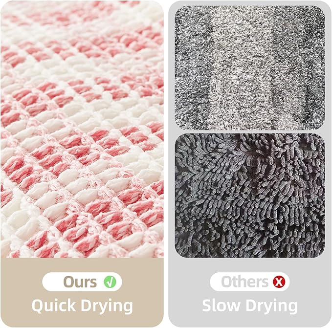 Waffle Bath Mat, Boho Bathroom Rugs Non Slip Washable Absorbent Checkered Bathroom Mat Quick Dry Cute Bath Mat, 48"x24" Pink and White