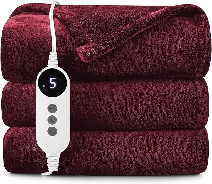 HYLEORY Heated Electric Blanket Throw, 2-Layer Cozy Warm Flannel 62" x 84", Heating Blanket with 9 Heating Levels, 2/4/6/10 Hours Auto Off, Fast Heating Winter Blanket, Red