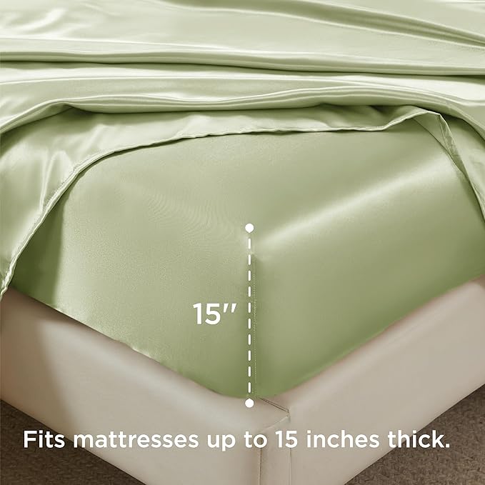 Bedsure Satin Sheets King Size - 4 Piece Silky Bedsheets with Elastic Corner Straps and 15 Inches Deep Pocket Fitted Bedsheet,1 Flat Sheet, 2 Satin Pillowcases, Good for Hair & Skin (King, Sage Green)