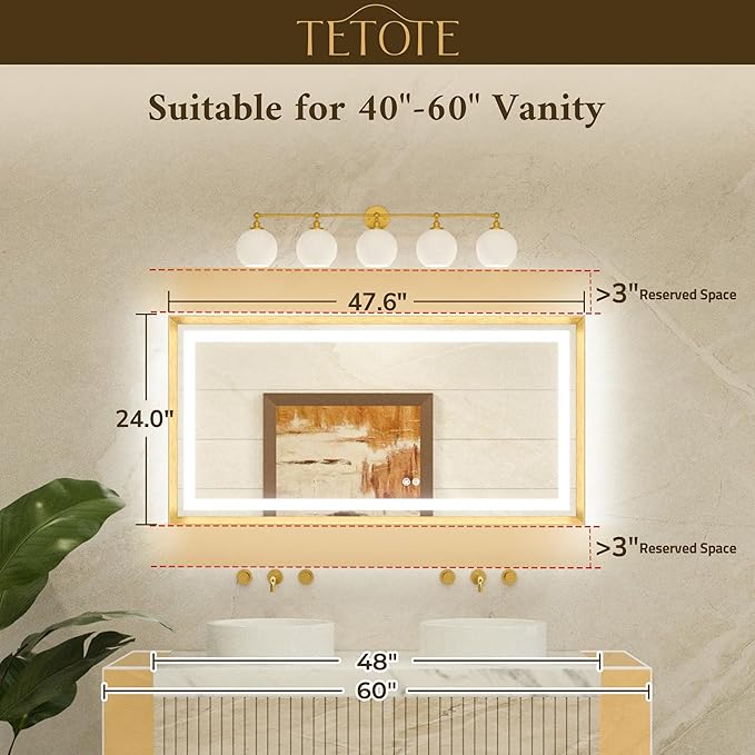 TETOTE 48 x 24 Bathroom LED Mirror Brushed Nickel Metal Frame Frontlit & Backlit Vanity Mirror Stepless Dimmable Anti-Fog 3 Colors White/Warm/Natural Light up Vanity Wall-Mounted