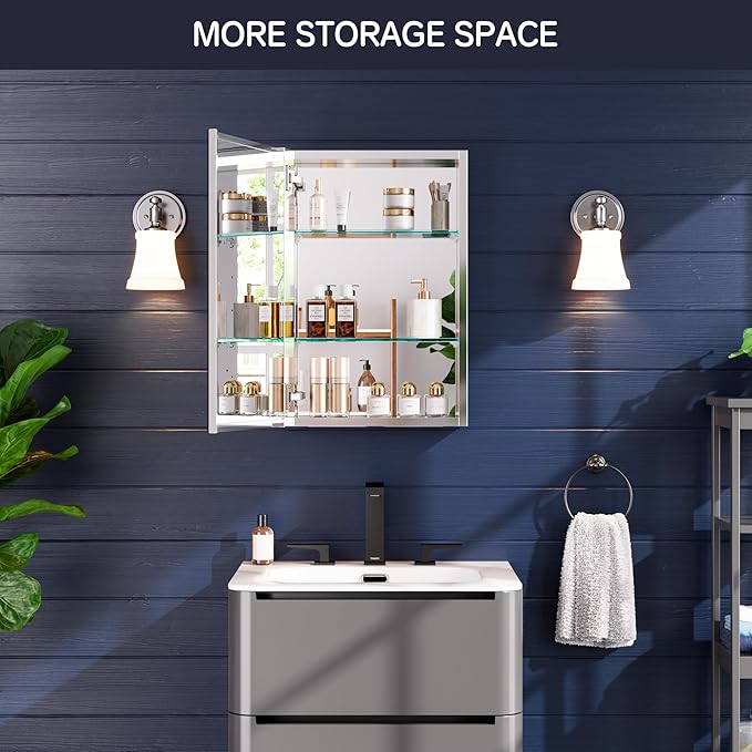 Medicine Cabinet 16" x 24", Bathroom Medicine Cabinet with Mirror, Recessed Medicine Cabinets with Adjustable Shelves, Soft-Closing Door, and Aluminum Alloy Frame - Reverse Installation, Silver
