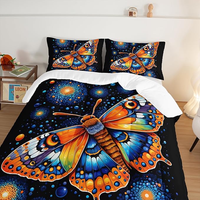Gothic Butterfly Bedding Set Queen Size,Colorful Granular Ball Printed Bedding Comforter Sets,Insect Themed Comforter Set for Kids Girls Boys,Aesthetic Bedding Sets with 2 Pillowcases.