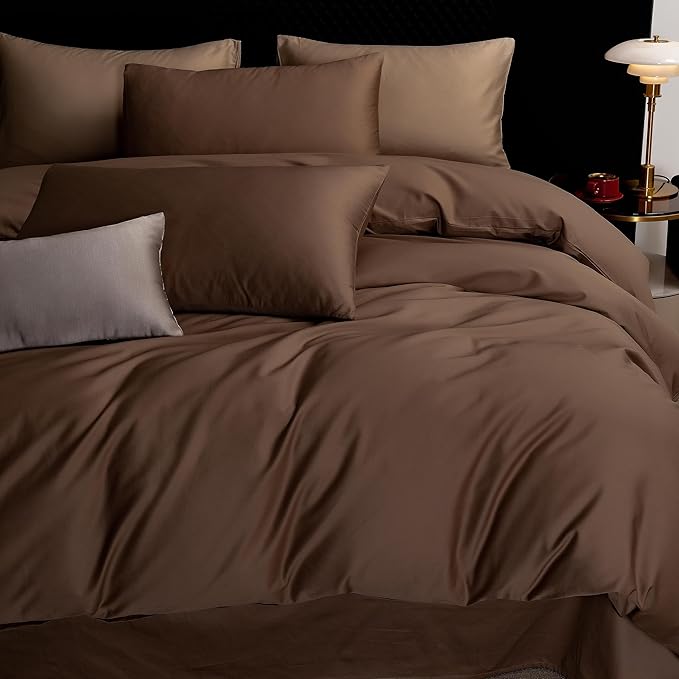 MooMee Duvet Cover Set 100% Extra Long Staple Cotton 600 Thread Count Silky Sateen Smooth Luxury Soft Breathable Durable Hotel Quality Bedding, 3 Pieces (Chocolate Brown, Super King 108"x98")