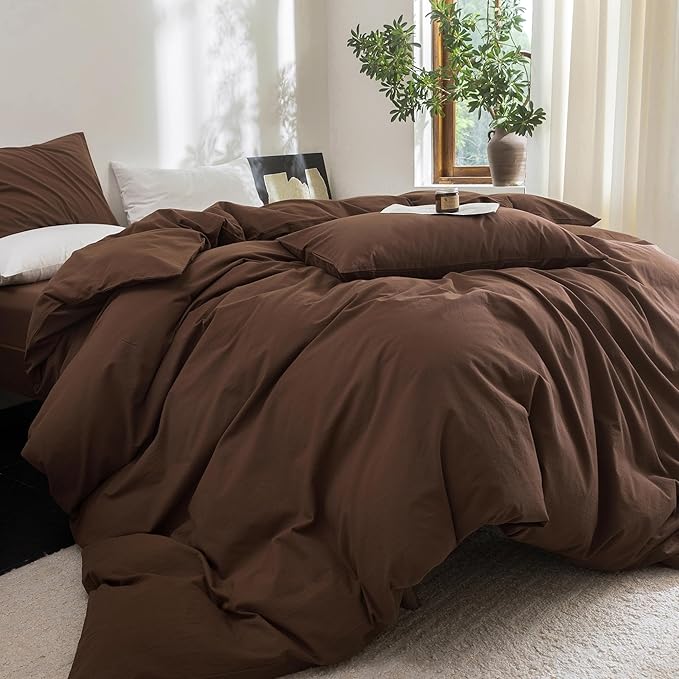 FOSSA Duvet Cover Set 100% Washed Cotton Linen Feel Super Soft Breathable Cozy 3 Pieces Bedding Sets Solid Cocoa Brown California King