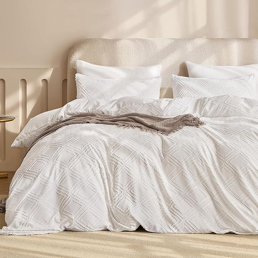 JELLYMONI Duvet Cover Queen Size White - 3PCS Boho Duvet Cover Set Plaid Polyester Tufted Bohemian Jacquard Knit Textured Comforter Cover 90×90in Rhombic Geometric Pattern Zipper Corner Tie
