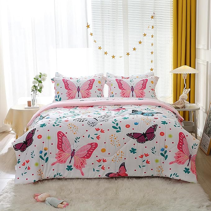 Wajade Queen Size Butterfly Comforter Set for Girls Kids Bedding Sets for Girls 7 Pieces Bed in a Bag Colorful Butterflies Flower Leaves Bedding Set All Season Lightweight