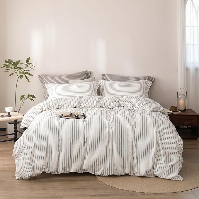 Stripe Duvet Cover Queen Size 90inch x 90inch, 100% Washed Cotton Linen Feel Pinstripe Duvet Cover with Zipper Closure and 2 Pillowcases, Color of White-Dark Grey Stripe