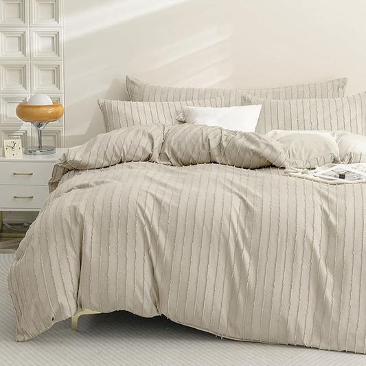 JELLYMONI Duvet Cover Twin Size Light Khaki - 3PCS Boho Striped Duvet Cover Set Polyester Tufted Bohemian Textured Comforter Cover 68×90in with Corner Ties & Zipper and 2 Pillowcases