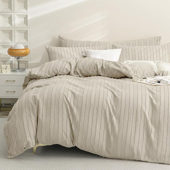 JELLYMONI Duvet Cover Super King Size Light Khaki - 3PCS Boho Striped Duvet Cover Set Polyester Tufted Bohemian Textured Comforter Cover 116×98in with Corner Ties & Zipper and 2 Pillowcases