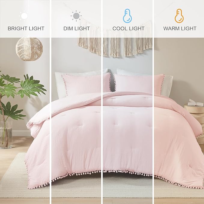 Codi Blush Full/Queen Comforter Set - Boho Aesthetic Bedding with Luxurious Pom Fringe, Soft Washed Microfiber 3pc Set for Adults, Couple-Friendly Lightweight Design, 1 Comforter & 2 Pillow Shams