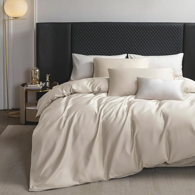 MooMee Duvet Cover Set 100% Extra Long Staple Cotton 600 Thread Count Silky Sateen Smooth Luxury Soft Breathable Durable Hotel Quality Bedding, 3 Pieces (Beige, King 104"x90")
