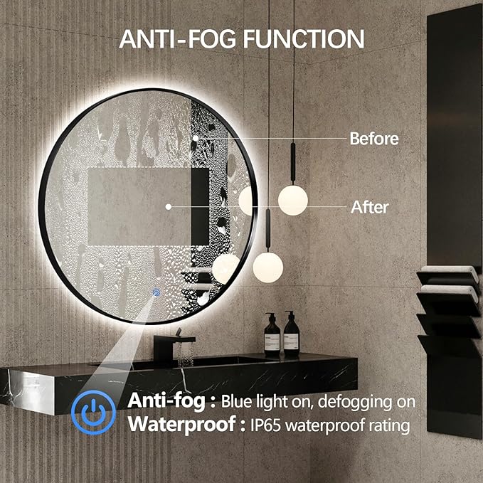 Niccy 40" LED Backlit Round Mirror for Bathroom, Black Framed Vanity Light Wall Mirrors LED Smart Circle Mirrors with 3 Lighting Colors, Lighted Round Mirror with Anti-Fog, IP65 Waterproof