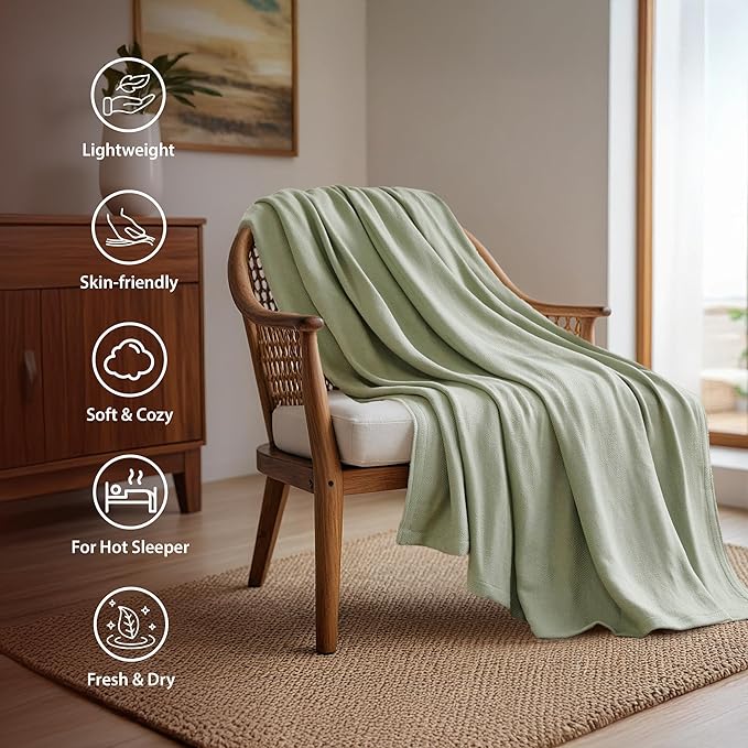 Queen Size Blanket, 70% Rayon (Derived from Bamboo) and 30% Cotton, Lightweight Jacquard Weave, Breathable and Soft Summer Blanket for Bed or Couch, 90” x 90”, Sage Green