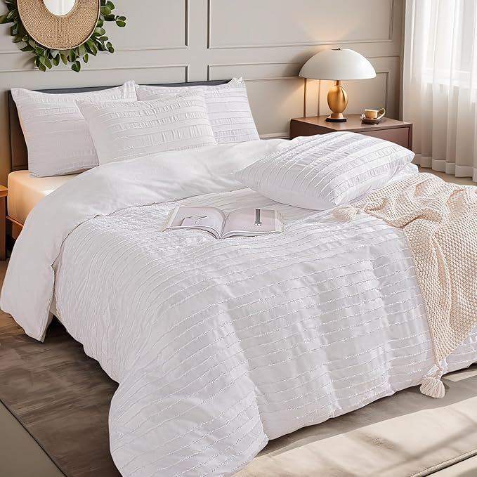 NEXHOME PRO Duvet Cover King Size, White 3 Pieces Boho Tufted Duvet Cover Set, Soft and Lightweight Microfiber Comforter Cover Set for All Season (White King, 104 x 90)-No Comforter