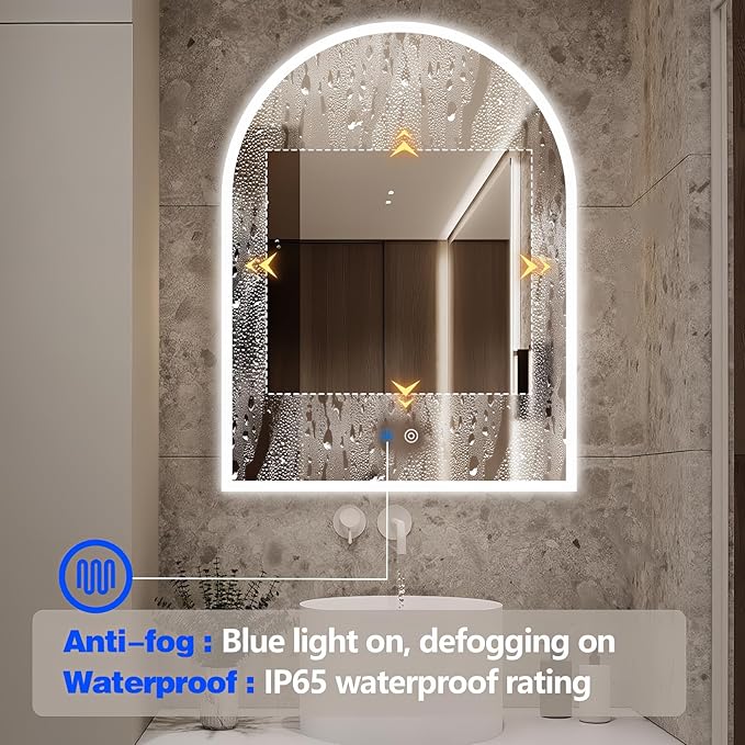 Niccy Arched LED Bathroom Mirror, 36"x24" Arch Frameless Frontlit & Backlit Mirrors for Wall, Arched Lighted Vanity Mirrors with Memory Function for Bathroom Bedroom, Defogger 3 Color, Explosion-Proof