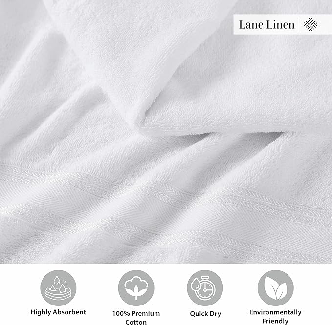LANE LINEN 100% Cotton 4 Pack Bath Towels (28"x54") - Zero Twist, Cotton - Large Towels for Bathroom - Quick Drying, Highly Soft & Absorbent Shower Towel Set - Hotel & Spa Quality - White Towel Set