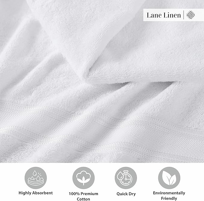 LANE LINEN Luxury Bath Towels Set - 6 Piece 100% CottonBathroom Zero Twist Shower Extra Absorbent Towel Super Soft 2 Hand Wash Cloths White