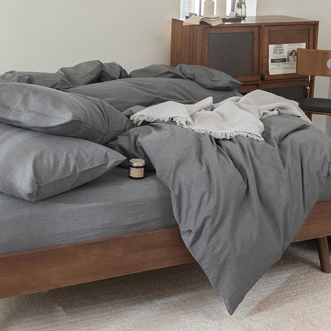 FOSSA Duvet Cover Set 100% Washed Cotton Linen Feel Super Soft Breathable Cozy 3 Pieces Bedding Sets Solid Dark Grey Oversized King Plus